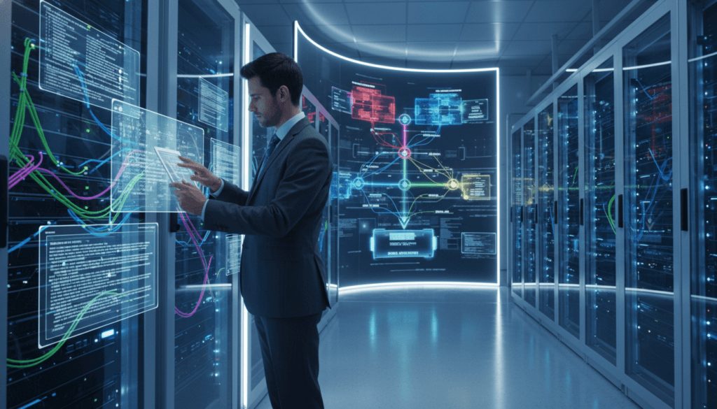 A futuristic data center interior showcasing advanced network security and segmentation strategies for Proxmox. In the foreground, a professional IT specialist in business attire is configuring a high-tech server rack surrounded by glowing network cables and digital screens displaying security protocols. The middle layer features a sleek digital diagram on a large screen illustrating network segmentation, with different virtual networks colored distinctly. In the background, rows of servers emit a soft blue light, casting an ambient glow. The atmosphere is one of focus and innovation, with dynamic lighting highlighting the importance of security in modern infrastructure. The perspective is from a low angle, emphasizing the height of the server racks and the complexity of the setup, creating a sense of depth and sophistication. Proxmox Security, security, system, firewall, access, network, server, ssh, level, proxmox, root, time, environments, services, service, backup, users, environment, default, management, machine, vms, containers, use, storage, case, hardware, proxy, user, cluster, virtualization, part, testing