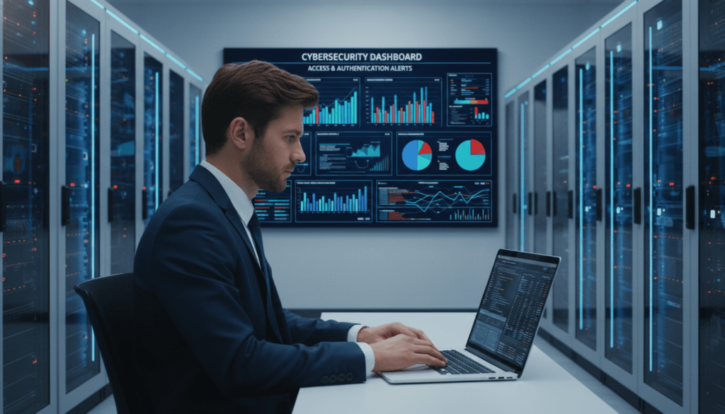 A modern server room filled with sleek, high-tech servers and networking equipment, emphasizing the theme of access and authentication controls. In the foreground, a professional IT administrator in business attire is working on a laptop, analyzing user access logs. In the middle, a large digital screen displays colorful graphs and security alerts, framing the scene with a focus on data integrity. In the background, rows of server racks glow softly with blue LED lights, casting a cool, tech-savvy ambiance. The lighting is bright but not harsh, highlighting the serious yet proactive atmosphere of cybersecurity. Capture this with a clear focus and a slightly elevated angle to convey the depth of the server room and the attention to detail required in securing virtual infrastructures. Proxmox Security, security, system, firewall, access, network, server, ssh, level, proxmox, root, time, environments, services, service, backup, users, environment, default, management, machine, vms, containers, use, storage, case, hardware, proxy, user, cluster, virtualization, part, testing